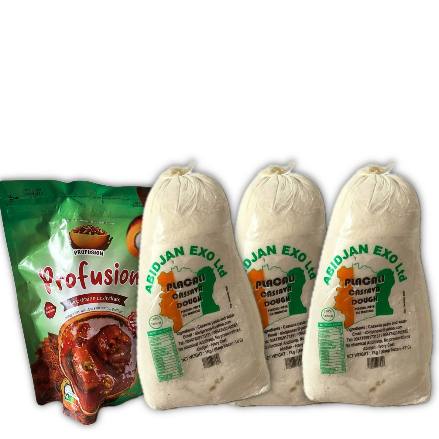 Ivorian Classic Bundle 3kg frozen Placali and dehydrated palm nut fruit Sauce Graine free next day delivery above £40. Nogbous