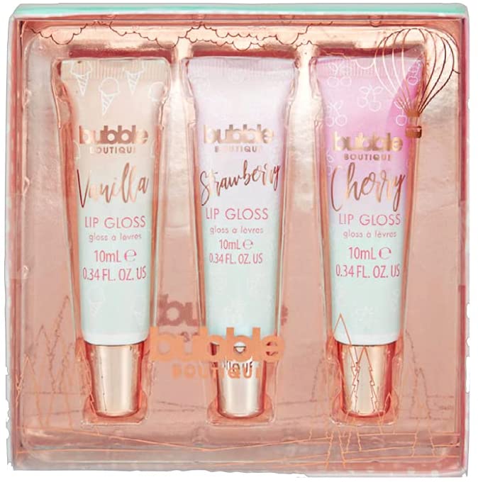 Style & Grace Bubble Boutique Delicious Lip Gloss Gift Set 10ml Strawberry Lip Gloss, 10ml Vanilla Lip Gloss and 10ml Cherry Lip Gloss