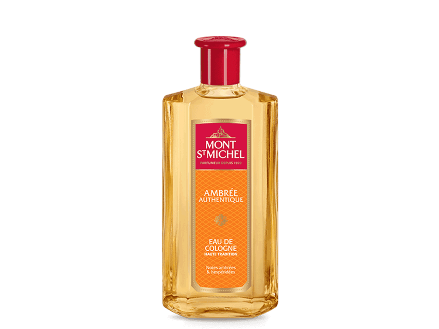 A bottle of Mont Saint Michel Amber Authentic Eau de Cologne with a clear golden liquid visible inside and a red label on the front.